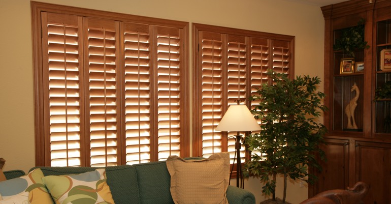 Hardwood shutters in Sacramento living room.